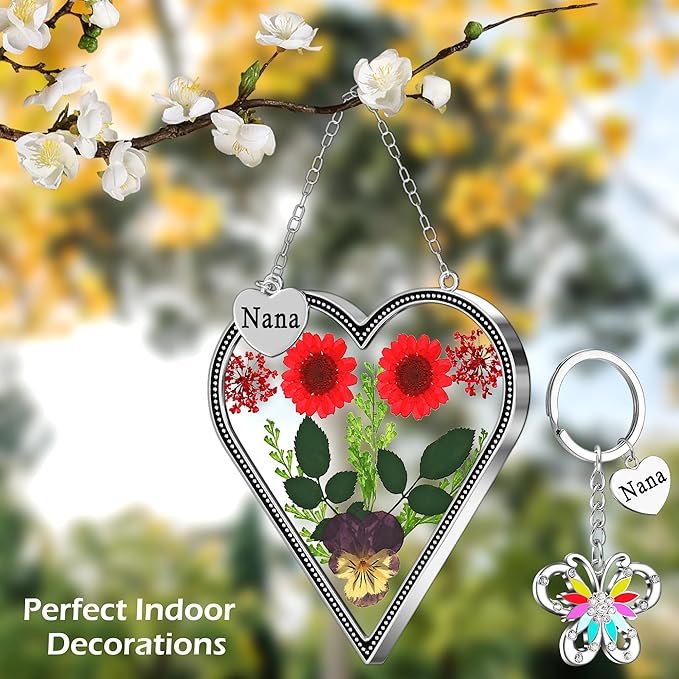 KY&BOSAM Heart Suncatcher Nana Gift for Nana Stain Glass Wind Chime for Window Pressed Flower Between Heart Glass Metal Engraved Charm Gift for Mother's Day Valentine's Birthday Thanksgiving Christmas