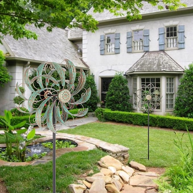 Wind Spinners Outdoor Wind Spinner Metal 13” Dia Wind Spinners for Yard and Garden Decor Pinwheels Wind Sculptures & Spinners(57” H)