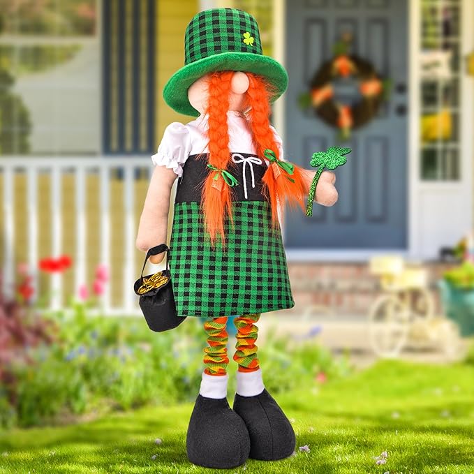 Large St Patricks Day Gnome Plush Decorations Outdoor, Cute Standing Saint Patricks Day Gnomes Gift Decor with Retractable Spring Legs, Placed Outside Yard/Porch/Garden/Indoor/Home/Office