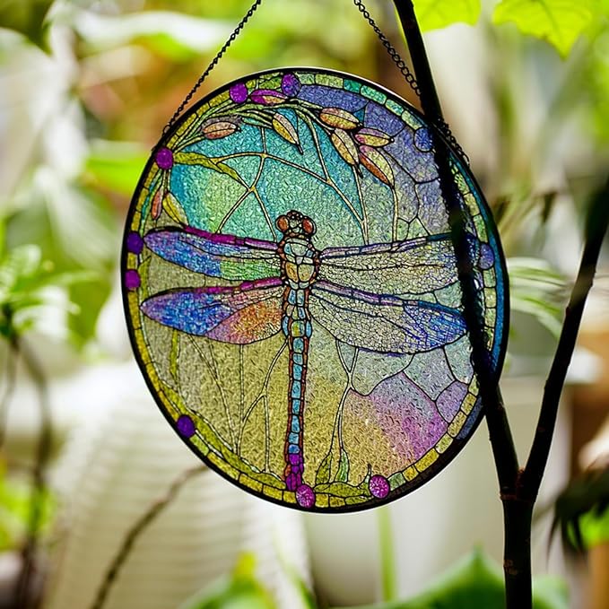 Dragonfly Stained Glass Suncatcher Artistic Window Hanging,7.8” Hand-Painted Glass Panel Wall Home Decor,Gift for Women Garden Decor Suncatcher (Dragonfly), BL009