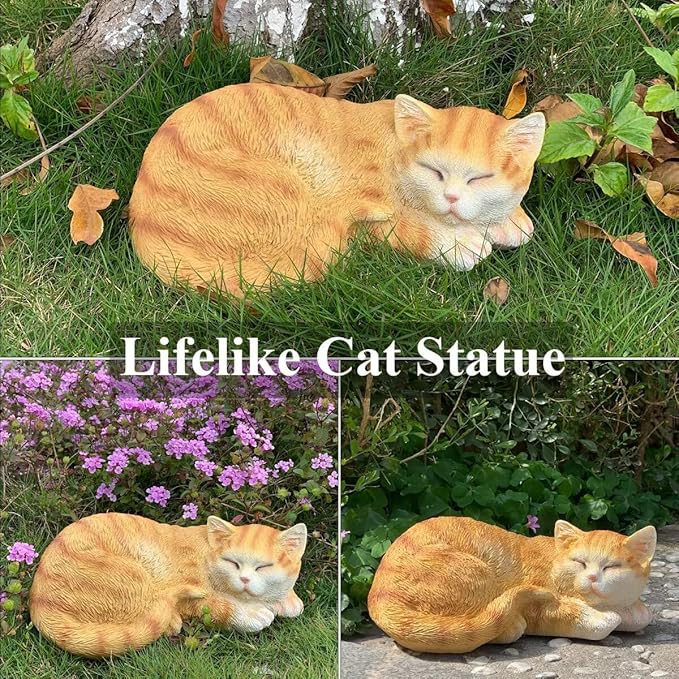 Sleeping Cat Statue Garden Decor, Outdoor Cat Sculpture & Figurine Lawn Ornament, Orange Tabby Statue for Patio, Lawn, Yard Decorative, Cute Kitten Garden Decor Outside Statue