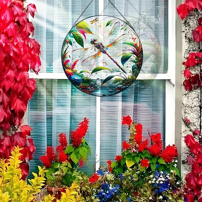 RIVEENY Stained Glass Window Hangings, 8" Stained Glass Decorations, Dragonfly Suncatcher for Indoor Garden Window Home Decor Dragonfly Gifts for Grandma,Mom