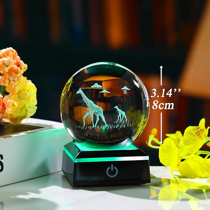 Giraffe Gifts for Women Men 3D Crystal Ball 3.14'' - Laser Giraffe Decor Glass Animals Figurines Statue Stuff for Room Night Light Giraffe Gifts for Mom