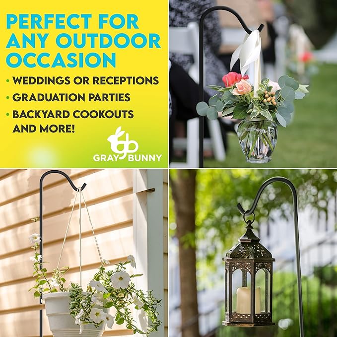 Gray Bunny 92" Shepherds Hooks for Outdoor 2 Pack, Thick Bird Feeder Pole, Hanging Plant Stand, Shepherds Hook for Bird Feeder, Non-Hollow, Non-Adjustable, Extra Long Base Prongs