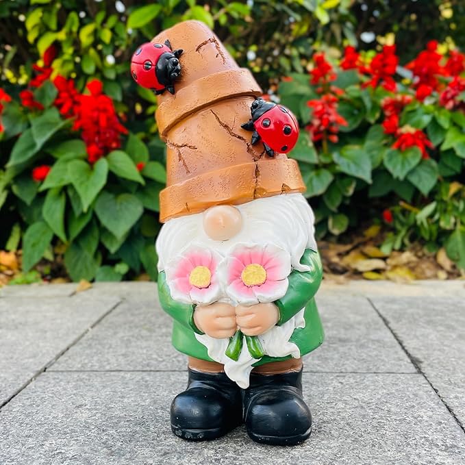 Garden Gnome Statues Outdoor Decor, Solar Gnomes with LED Lighted Flowers, Solar Resin Garden Outdoor Statue Sculpture, for Woman Gift Home and Garden Decor