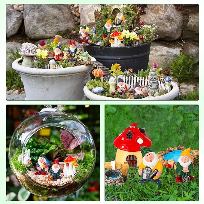 Unittype 19 Pcs Miniatures Fairy Gnome Resin Figures Garden Accessories Mushroom House Figures Fake Pond Lawn Bridge Figurines Terrarium Ornaments Garden Decoration for Outside(Gnome)