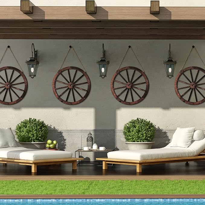 Qunclay 4 Pcs Wooden Wagon Wheel Wall Decor Old Western Wood Boho Wall Art Farmhouse Boho Wagon Wheels Rustic Yard Decor Wood Hanging Decorations for Garden Home Bar Garage (17.7 Inch)