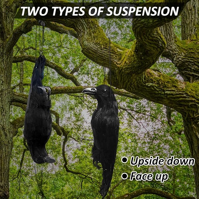 Lewtemi 2 Pcs 17 Inch Realistic Hanging Dead Crows Decoy Life Size Black Feathered Crow Fake Black Crows for Garden Decorations