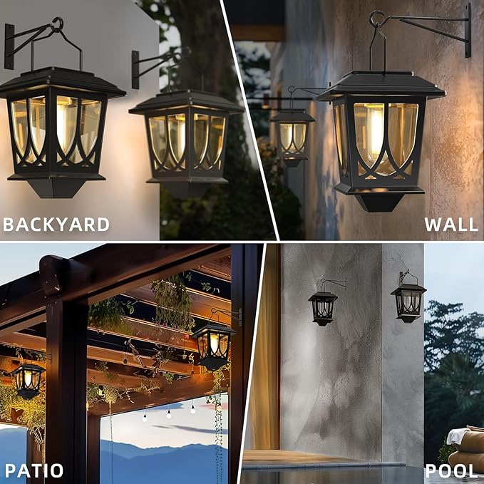 Solar Lanterns Outdoor Waterproof 2 Pack, Glass Auto On/Off LED Hanging Solar Lights, Outdoor Lantern with Wall Mount for Yard Fence Patio - Black