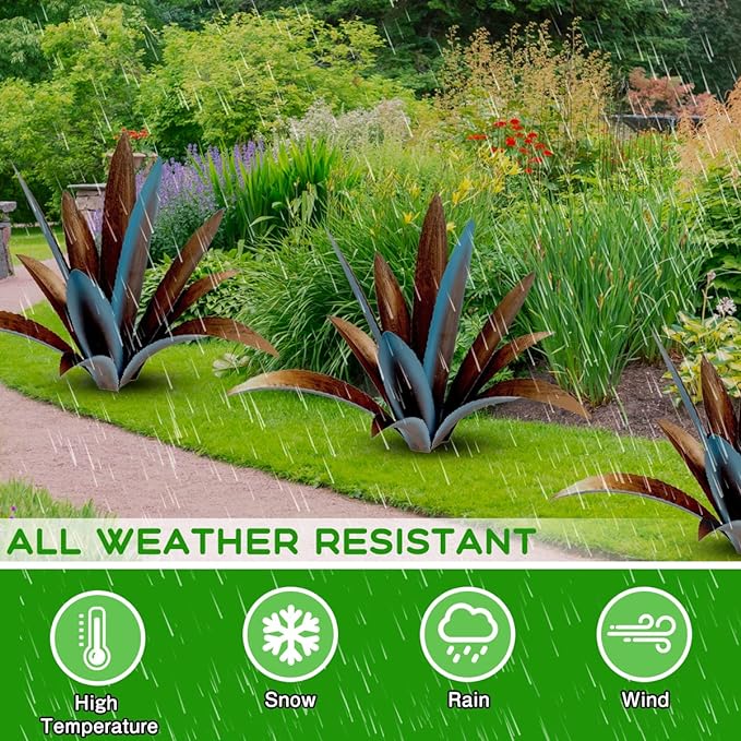 DIY Metal Agave Plant Art Yard Tequila Art Sculpture, Tequila Rustic Garden Sculpture Statue Outdoor Decor,Agave Metal Plants for Yard, Garden Lawn Ornaments (12 Leaves -Blue)