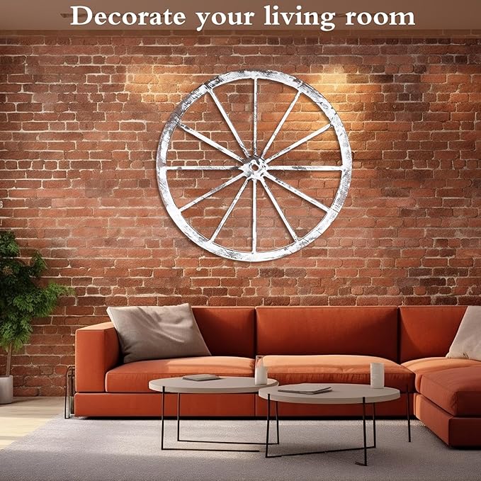 Wood Wagon Wheel Decorative Old Western Style Wagon Wheel Decor Vintage Rustic Wall Hanging Wood Cartwheel Decor for Garden Bar Patio Garage Farmhouse(30 Inch,Old White)