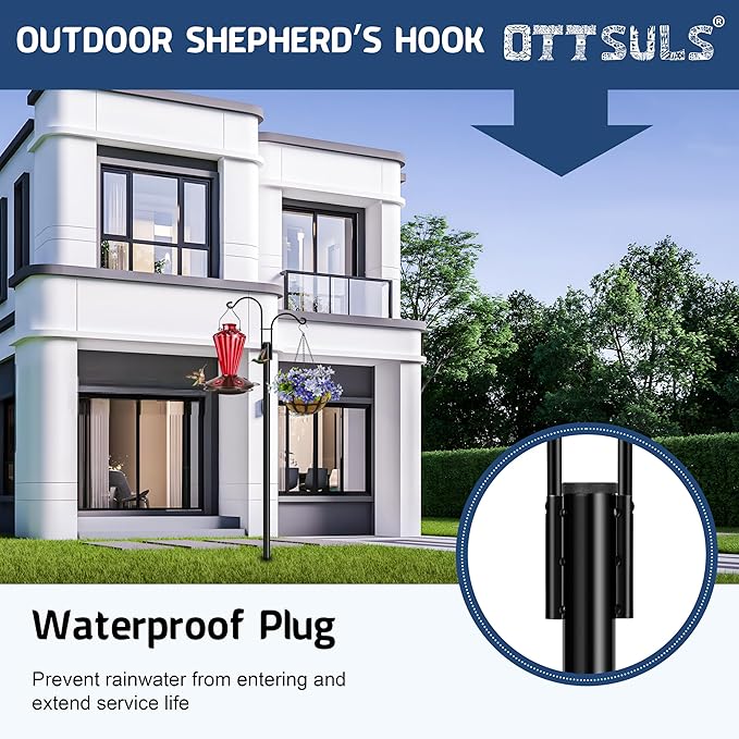 Ottsuls Bird Feeder Pole, 2 Pack 76 INCH Double Shepherds Hooks for Outdoor, Garden Pole with 5 Base Prongs Heavy Duty Planter Hooks for Hanging Plant Baskets, Lantern, Hummingbird Feeder