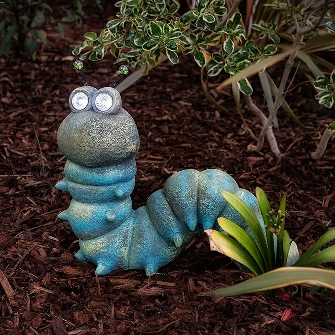 Alpine Corporation FCC121SLR Outdoor Solar Powered Garden Caterpillar Statue with LED Lights, LED Solar Garden Décor, 16"