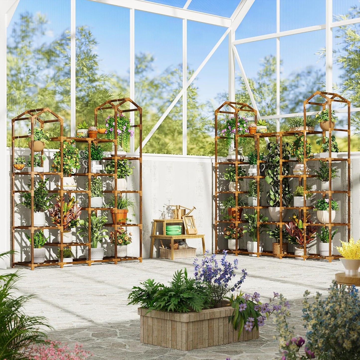 EnHomee Plant Stand Indoor Plant Stands Outdoor Tall Plant Shelf for 15-21 Pots Corner Tiered Plants Stands for Multiple Plants Wood Hanging Plants Holder for Garden Balcony Patio Window Porch