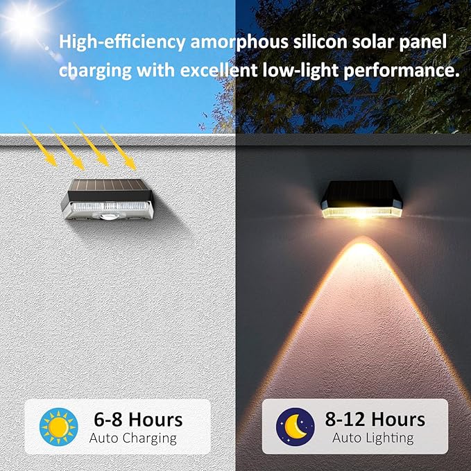 HENRE Solar Fence Lights - 9 Color Modes & Cyclical Gradient, IP44 Waterproof Solar Lights Outdoor, Auto On/Off, Fence Lights Solar Powered for Garden, Pathway, Yard Decor (6-Pack)
