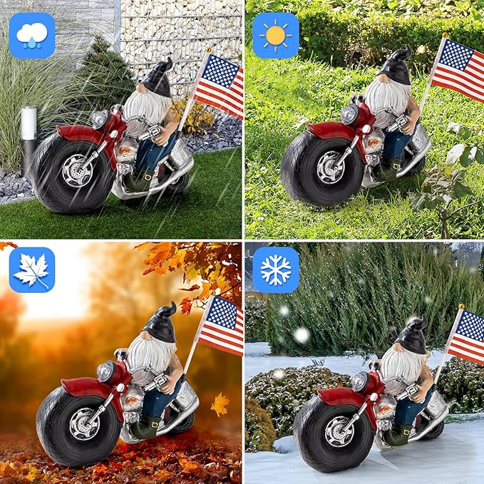 Solar Garden Gnomes Statues,Garden Sculptures & Statues,Motorcycle Gnome Garden Statues Outdoor Clearance with Lights,Resin Garden Decor for Outside Patio Lawn Garden Gift