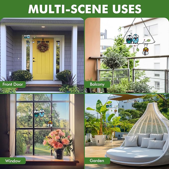 Stained Glass Birds,owl,Stained Glass Window Hanging,Multicolor Owls on The Living Tree with Green Leaf and red Berries,Bird suncatcher for Windows Room Home,Bird Deco,Gift for Mom,and Bird Lovers.