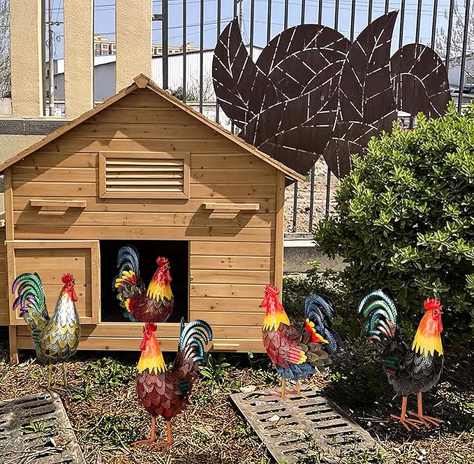 XONOR Metal Rooster Statues, Garden Chicken Decorations, Outdoor Chicken Sculpture, Metal Yard Rooster Artwork for Outdoor, Patio, Backyard and Home Kitchen Decoration (1pc, Dark Brown)