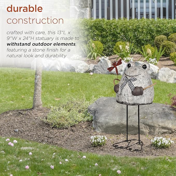 Alpine Corporation MCC862 Indoor/Outdoor Frog with Dragonfly Garden Statue, Stone Finish Frog Statue for Yard, 24" H, Silver