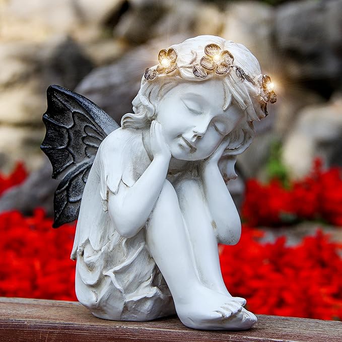 Leekung Ivory White Resin Sculpture, Angel Figurine with Solar Powered Lights for Outdoor Decor, Garden Decorations & Memorial Gifts