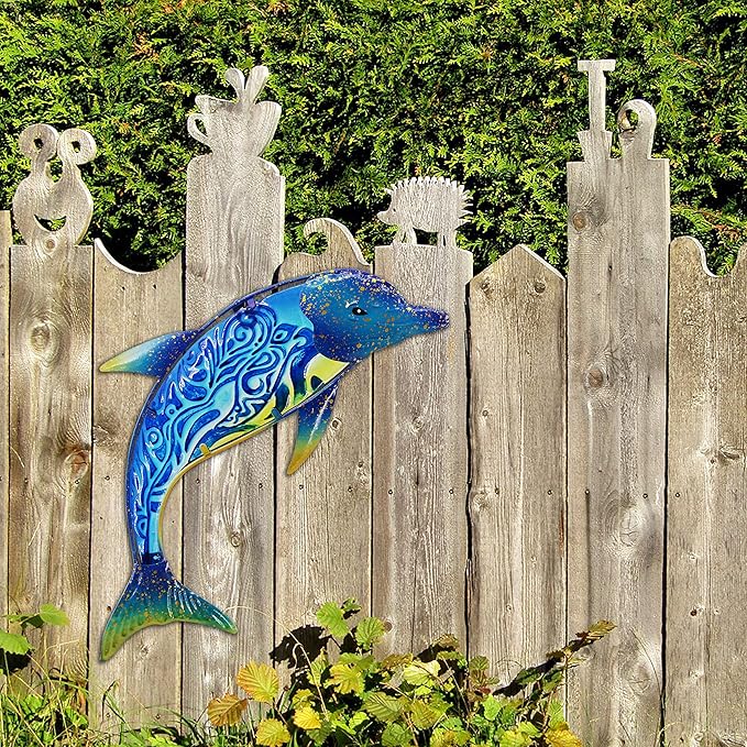 John's Studio Dolphin Wall Decor Outdoor Metal FIsh Sea Hanging Art Glass Sculptures Home Ocean Theme Decorations for Living Room, Bedroom, Yard, Fence and Patio - 17.5 Inches
