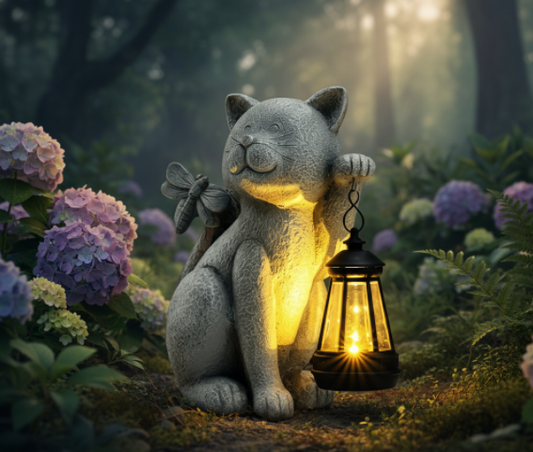Whimsical Glow for Your Garden: Solar Cat Statue with Lantern Charm