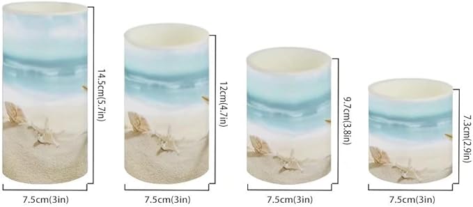 Beach Starfish Seashell Flameless LED Battery Candles 4 Pieces Pillar Fake Candles with Colored Light 4H 8H Timer Remote for Wedding Beach Party Decor