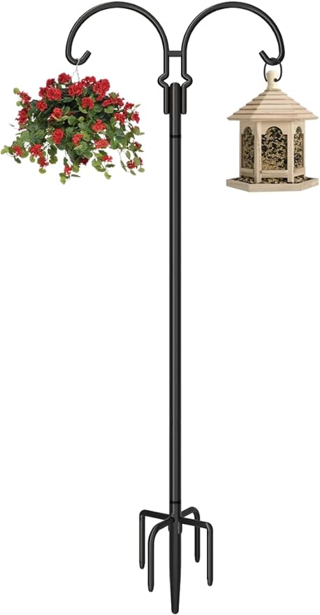 Outdoor Double Shepherds Hook with 5 Prong Base, 60 Inch Adjustable Heavy Duty Two Sided Bird Feeder Pole Stand for Hanging Plant Baskets, Solar Light Lanterns, Hummingbird Feeder, 1 Pack