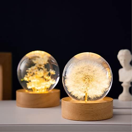 Flower Crystal Ball Night Light,2.4 inch Glass Ball Night Lamp with Woodern Base (Red Daisy)