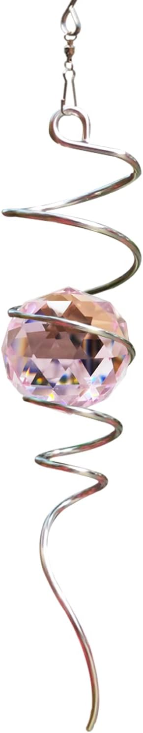 FONMY Gazing Ball Spiral Tail -Decorative Wind Spinner Sun Catcher Rainbow Maker 11 inch Tail and 2 inch Pink Crystal Orb. Indoor Outdoor Garden Decoration -13 inch Height