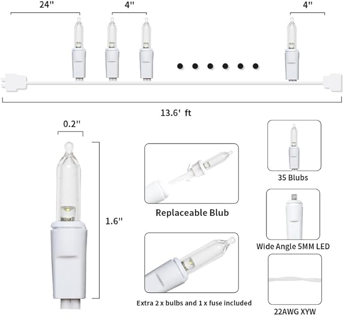 MULTI-SPARKING White Christmas LED Lights - 35 Count Cool White Christmas String Lights for Small Tree, Crafts, Holiday, Indoor/Outdoor Decorations, 11 Feet White Wire, UL Certified, Connectable