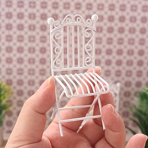 Dollhouse Miniature Bistro Table & Chairs Set Accessories Metal 1:12 Scale Miniatures White Coffee/Tea Furniture Fairy Garden Cute Rustic Elegant Decorations Ornaments (C)