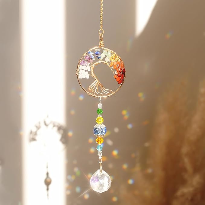 3pcs Tree of Life Chakra Crystal Suncatcher Windows Hanging Gloden Sun Catchers Decor with Prisms for Car, Feng Shui House Warming Gift for Home