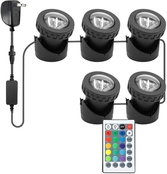 RGB Pond Lights with Timer, IP68 Waterproof Underwater Dimmable LED Fountain Lights for Outdoor Landscape Fish Tank Pond Fountain Waterfall Garden Lawn, 5 Lights