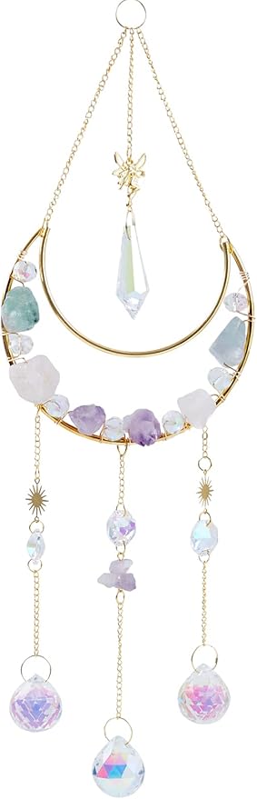 Moon Amethyst Crystals Suncatcher Hanging Windows, Healing Amethyst Fluorite Crystal Decor for Home, Gift for Christmas Birthday Valentine Mothers Day and More (Style 3)