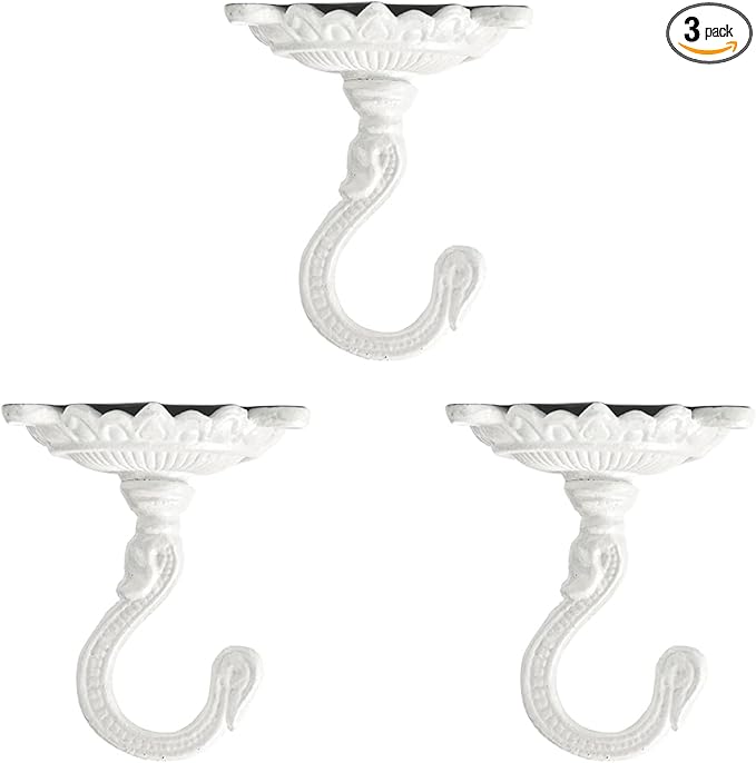 Sungmor Heavy Duty Ceiling Hooks - 3PC White Cast Iron Antique Decorative Hooks for Hanging Plants, Planters, Wind Chimes, Lanterns