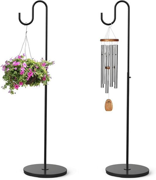 2 Pack Plant Stand Indoor Outdoor, Heavy Duty Wind Chime Holders, Hanging Plant Stand, 33" - 59" Adjustable Shepherds Hooks, Hold 16 lbs - Black