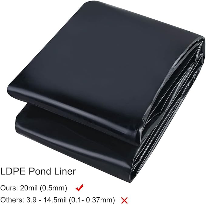 Pond Liner 20 x 25ft 20 mil Pond Liners for Outdoor Ponds, UV Resistant LDPE Pond Liner for Fish Ponds, Pool, Water Features, Fountains, Waterfall and Water Gardens, Black