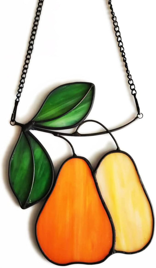 Stained Glass Window Hanging Orange pear Sun Catcher Home Decor Gifts for Christmas to Family and Friends