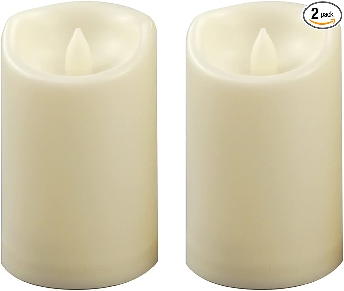 Waterproof Outdoor Battery Operated Flameless Pillar Candles with Timer White Plastic Realistic Flickering Fake Electric LED Lights for Lantern Garden Wedding Christmas Decorations 3”x5” 2 PCS