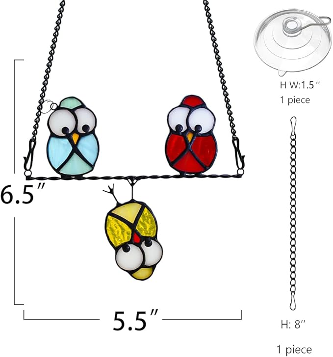 Owls Decor Stained Glass Suncatcher,Multicolor Owl Stained Glass Window Hangings,Bird Suncatchers Deocr for Door Room,Owl Gifts for Mom,Grandma,Bird Gifts for Bird Lovers Women