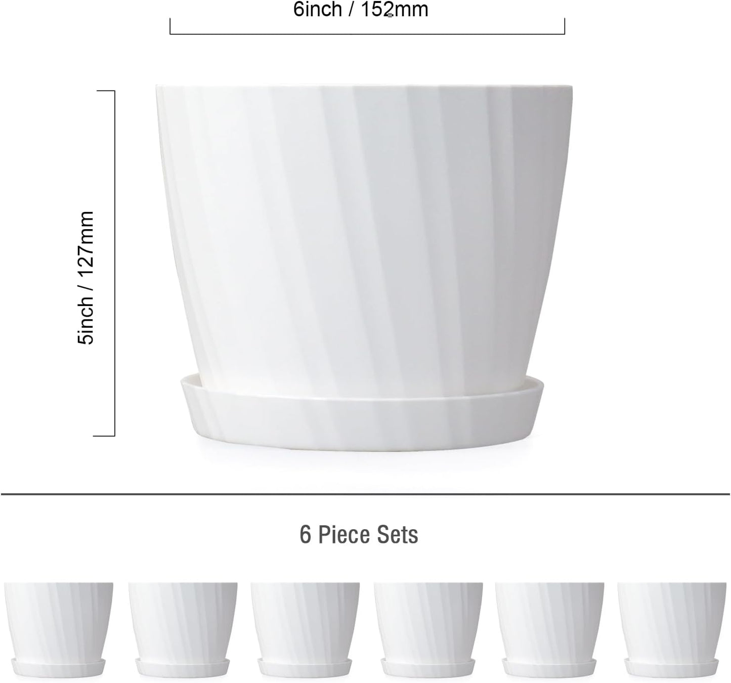 6 Inch Plant Pots Bulk, 6 Pack Plastic Planters with Drainage Holes and Saucers for Indoor Outdoor House Plants and Flowers, White