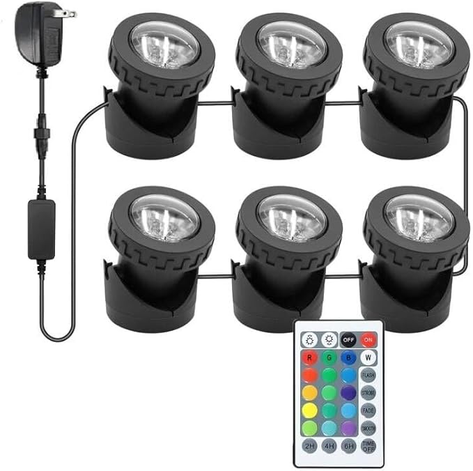 Colored Pond Lights with Timer, RGB Fountain Lights IP68 Waterproof Pond Light, Dimmable Outdoor Landscape Lights for Fish Tank Pond Fountain Garden, 6 Lights