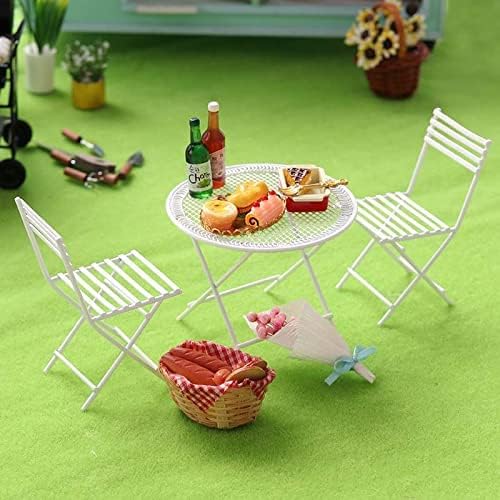 Dollhouse Miniature Bistro Table & Chairs Set Accessories Metal 1:12 Scale Miniatures White Coffee/Tea Furniture Fairy Garden Cute Rustic Elegant Decorations Ornaments (B)