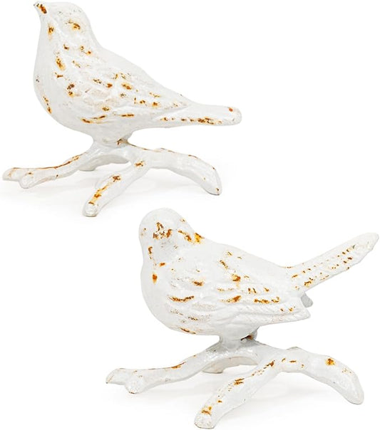 Sungmor Cast Iron Small Bird Statues, Set of 2 Antique White Bird with Branch Collectible Figurines, Farmhouse Home Garden Decorative Bird Sculpture, Realistic Indoor and Outdoor Ornaments