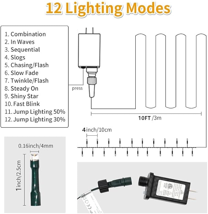 Christmas Tree Light 200 LEDs 73ft Green Cable Wire Fairy String Twinkle Lights Plug in 12 Modes for Xmas Party, Halloween, Outdoor, Garden, Wedding, Home Decoration (Blue)