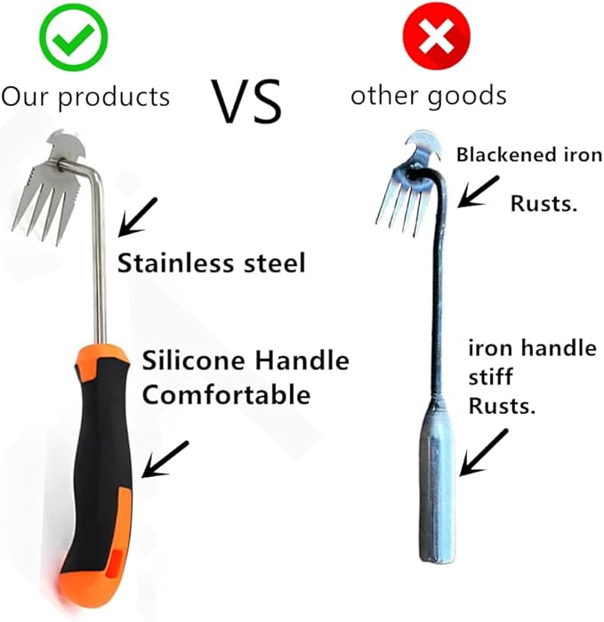Weed Removal Tool, 2025 New Garden Weeding Tools Manganese Steel Hand Weeder Tool with Handle, 4 Teethes Dual Purpose Manual Weeders Tool Weed Pulling Tool for Garden (Rubber Handle)