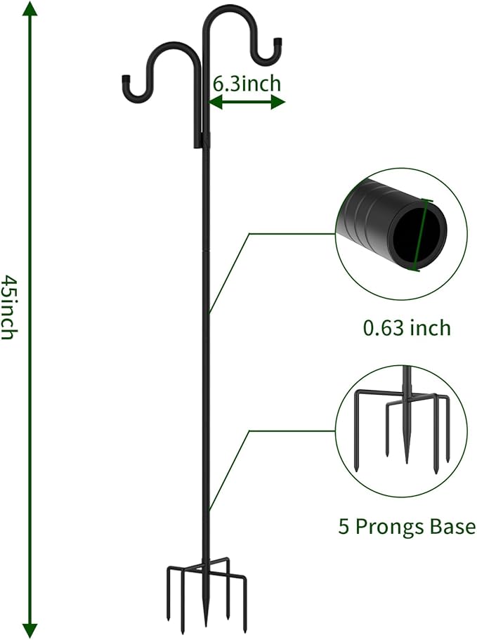 Double Shepherds Hooks for Outdoor, Bird Feeder Pole with 5 Prongs Base, Heavy Duty Garden Hook for Lantern, Wind Chime and Hummingbird Feeder, 45 Inch, 2 Pack