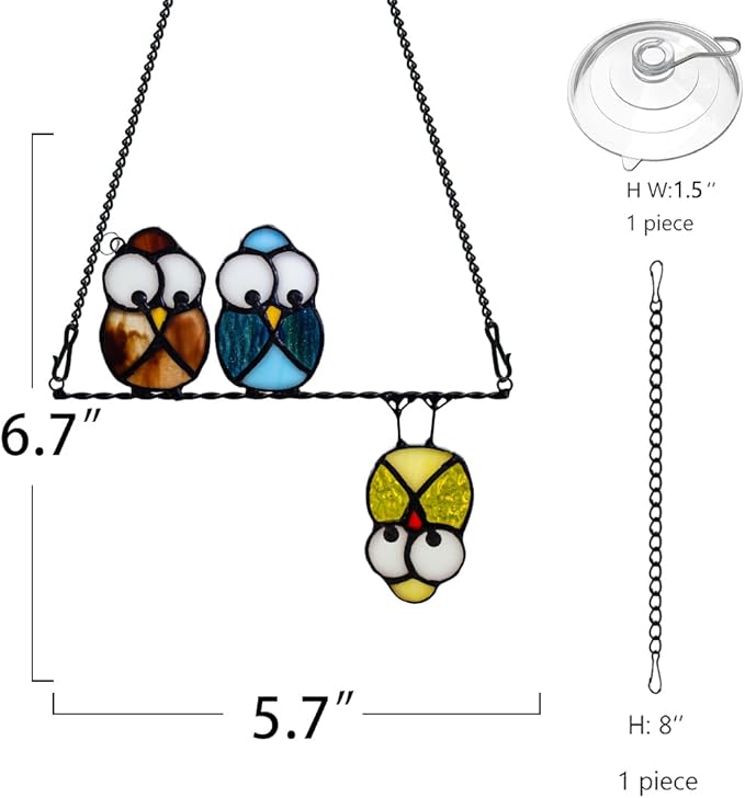 Owl Bird Gifts for Bird Lovers Stained Glass Suncatchers for Windows,Bird Decor Stained Glass Window Hangings,Owl Ornament Housewarming Gifts Owl Gifts for Women Owl Lover