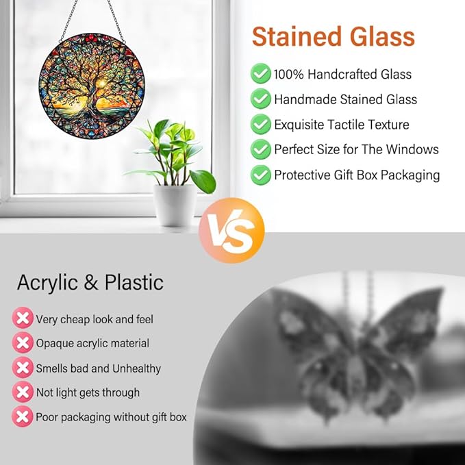 Tree of Life Sun Catcher Stained Glass Window Hanging - Handmade Suncatchers for Windows Hanging Stained Glass Suncatcher - Sun Catchers Indoor Window Wall Home Decor Glass Panel Gift for Women Men